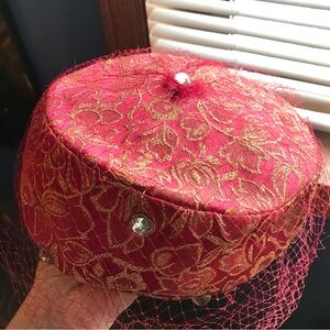 Vintage 1950s Hot Pink Gold Sparkle Floral Brocade Pillbox Veil Hat Rhinestones